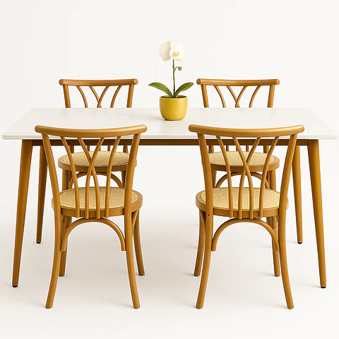 Set Comedor Mesa Rectangular de Cuarzo + Sillas Crosswood Madera Natural