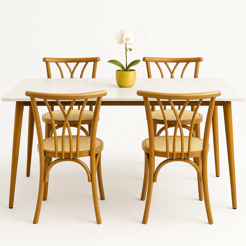 Set Comedor Mesa Rectangular de Cuarzo + Sillas Crosswood Madera Natural 1