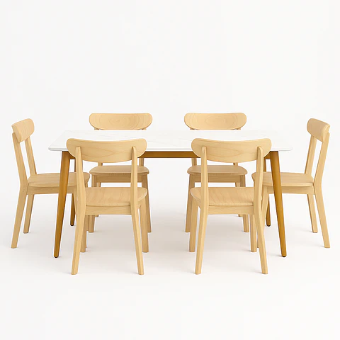 Set Comedor Mesa Rectangular de Cuarzo + Sillas New Soma de Madera Natural