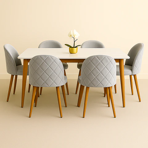 Set Comedor Mesa Rectangular de Cuarzo + Sillas Berna Velvet Oak