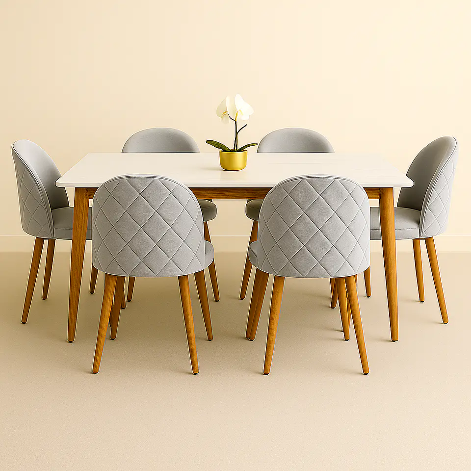 Set Comedor Mesa Rectangular de Cuarzo + Sillas Berna Velvet Oak 1