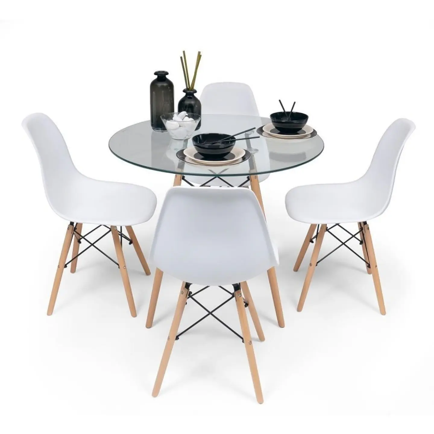 Comedor Redondo Eames Vidrio 80cm + 4 Sillas Eames Clásicas 2