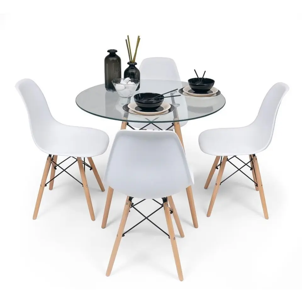 Comedor Redondo Eames Vidrio 80cm + 4 Sillas Eames Clásicas 2