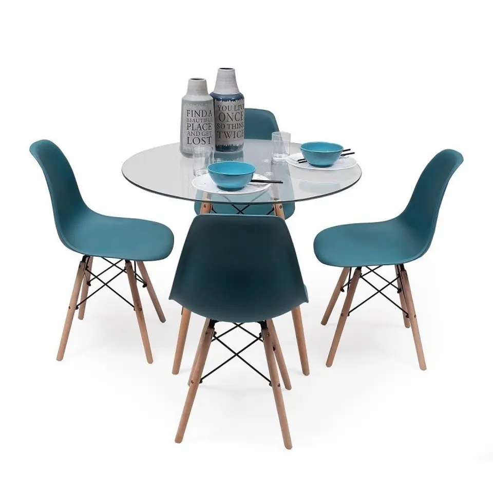Comedor Redondo Eames Vidrio 80cm + 4 Sillas Eames Clásicas 4