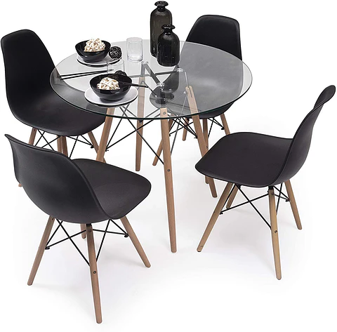Comedor Redondo Eames Vidrio 80cm + 4 Sillas Eames Clásicas