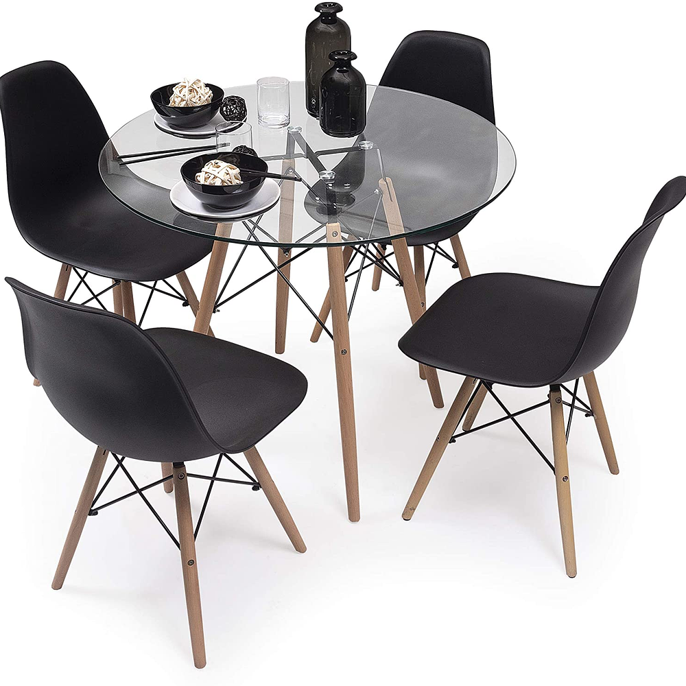 Comedor Redondo Eames Vidrio 80cm + 4 Sillas Eames Clásicas 1