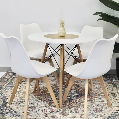 Comedor Redondo Eames 80cm + 4 Sillas Eames Acolchadas 