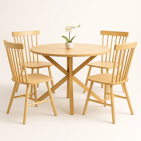 Set Comedor Mesa Ohmioh Redonda + 4 Sillas Windsor Madera