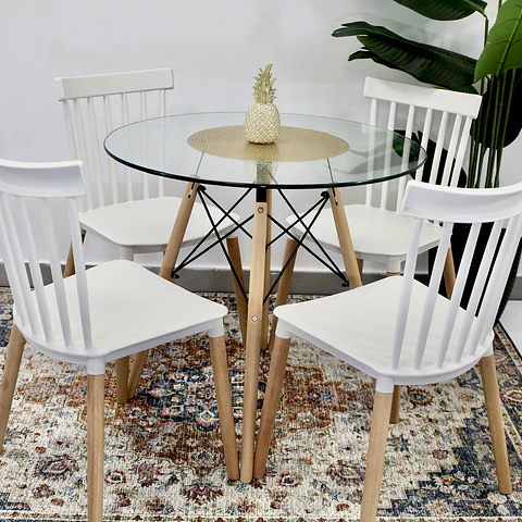 Comedor Redondo de Vidrio de 80cm + 4 Sillas Windsor 