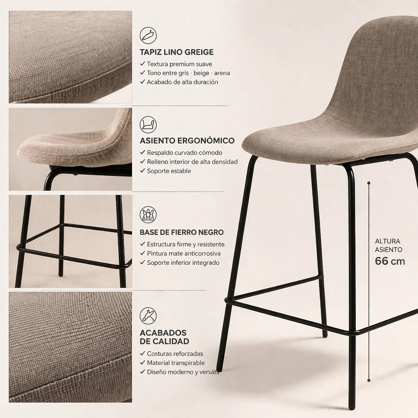 Pack de 2 Taburetes Eames de Lino Base Negra 66cm 7