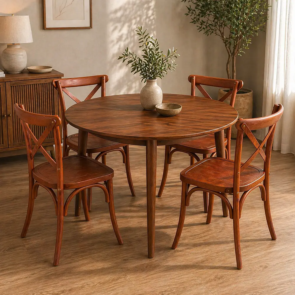 Set de Comedor Wallnut Mesa Komoro Redonda + Sillas Crossback Basic Oak 3