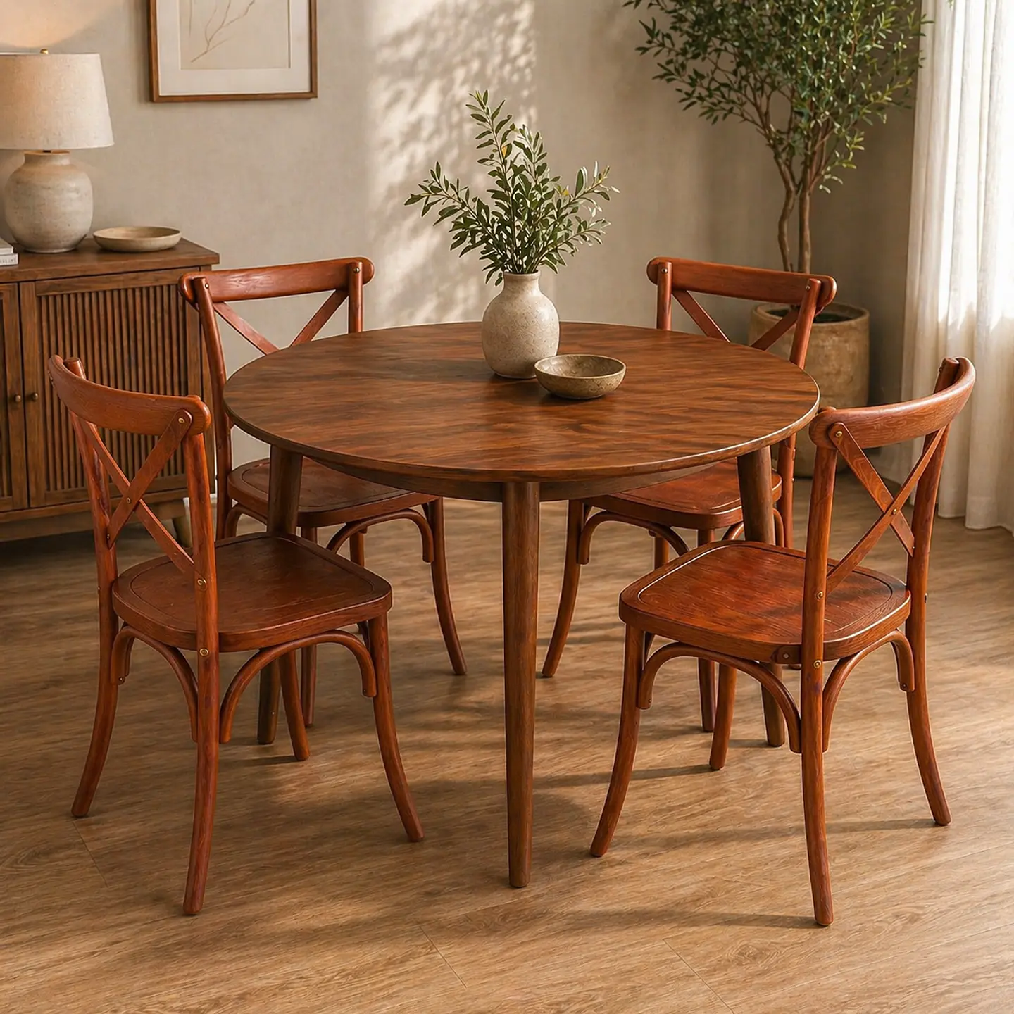 Set de Comedor Wallnut Mesa Komoro Redonda + Sillas Crossback Basic Oak 3