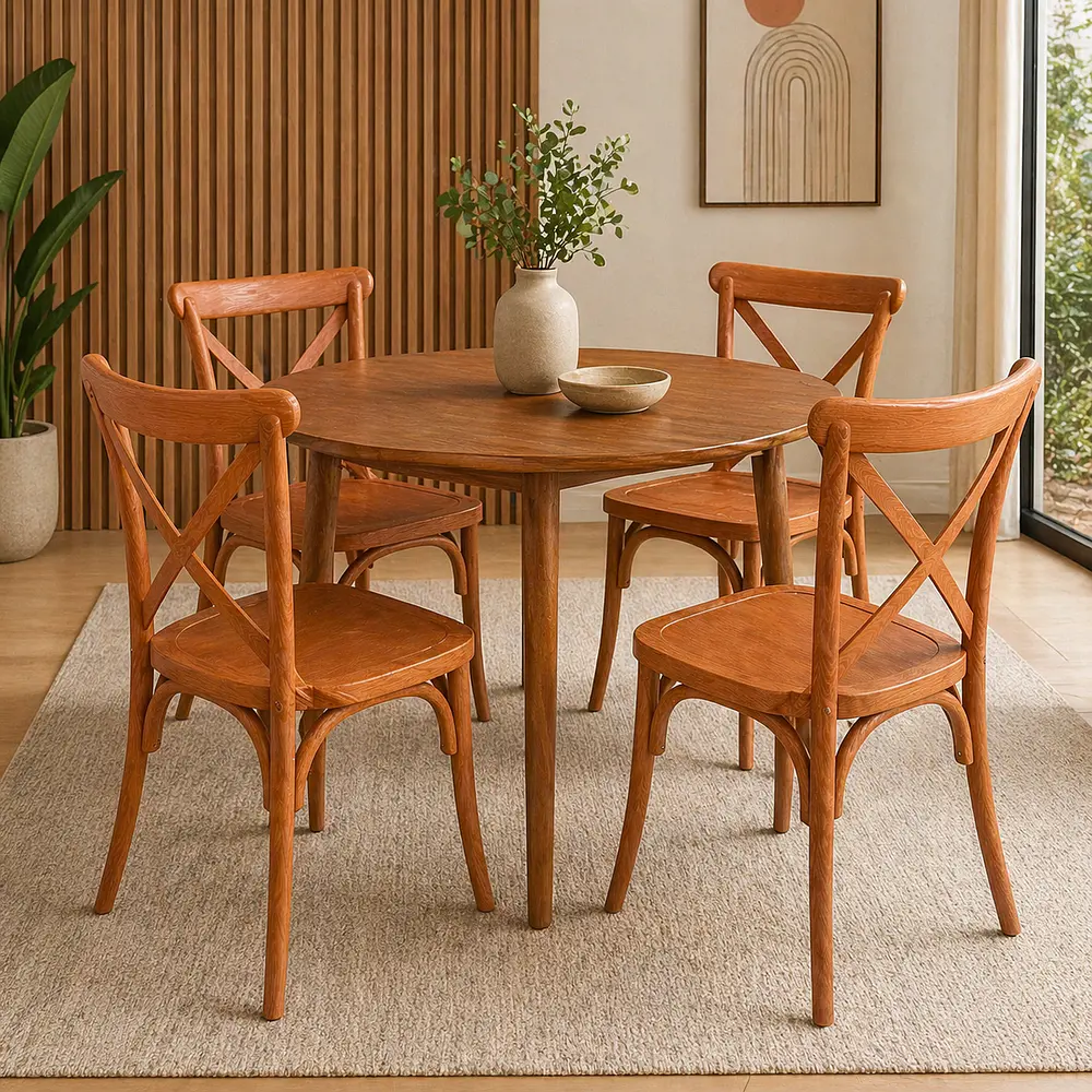 Set de Comedor Wallnut Mesa Komoro Redonda + Sillas Crossback Basic Oak 4