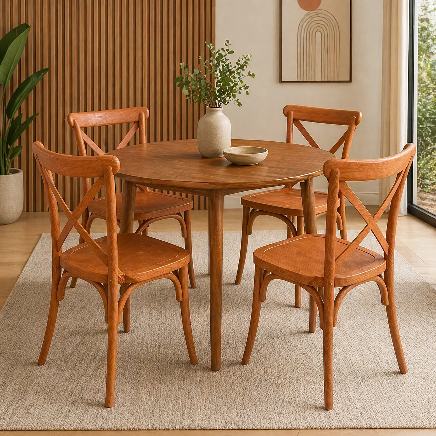 Set de Comedor Wallnut Mesa Komoro Redonda + Sillas Crossback Basic Oak 4