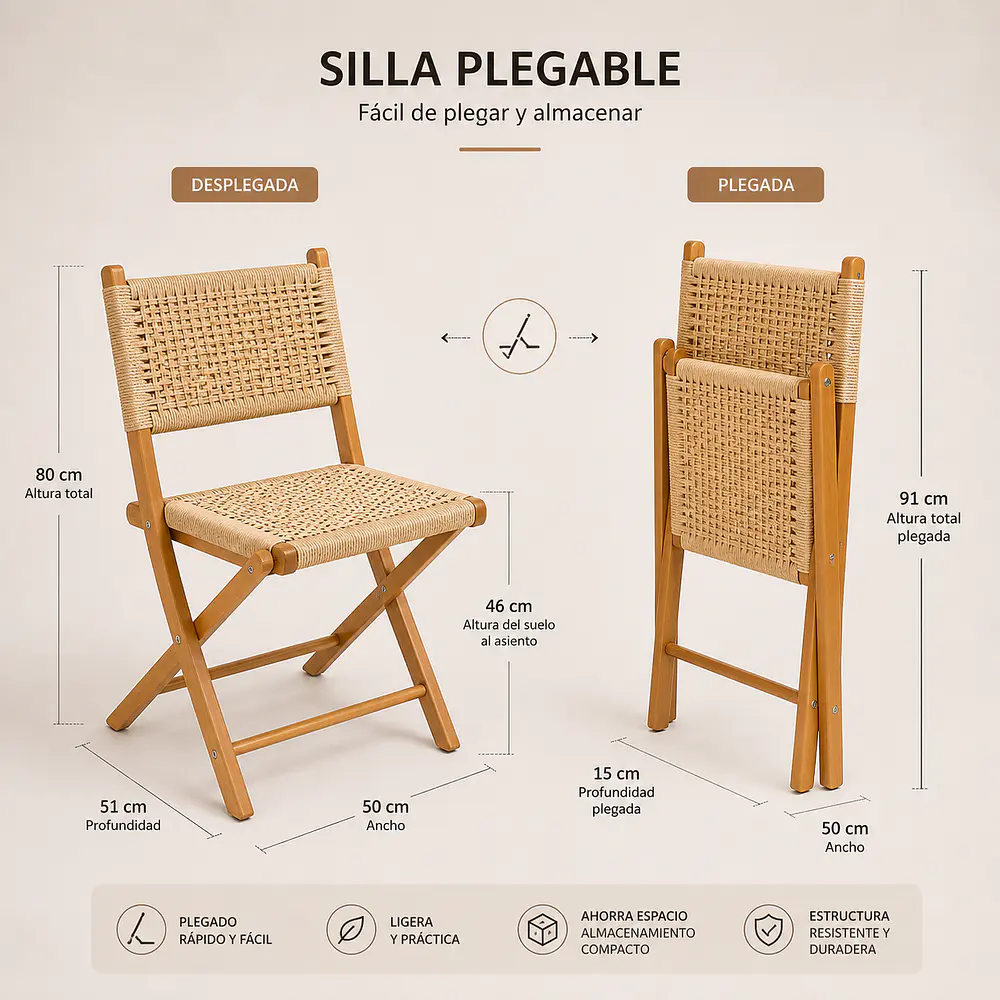 Pack de 2 Sillas Plegables Nido de Madera y Ratán 7