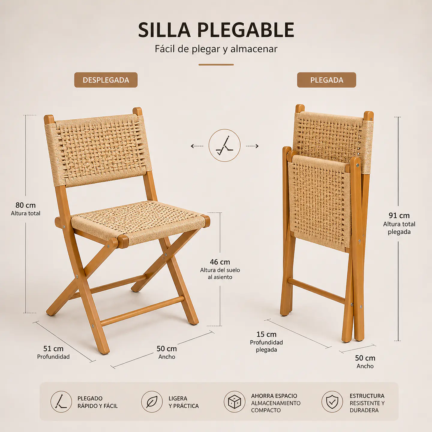 Pack de 2 Sillas Plegables Nido de Madera y Ratán 7