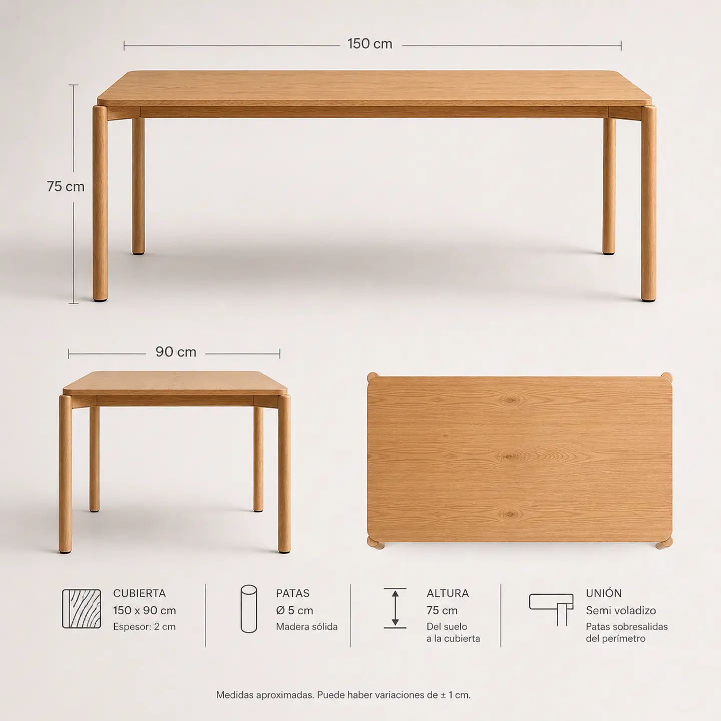 Mesa Atlas Rectangular de Madera 150x90cm 7