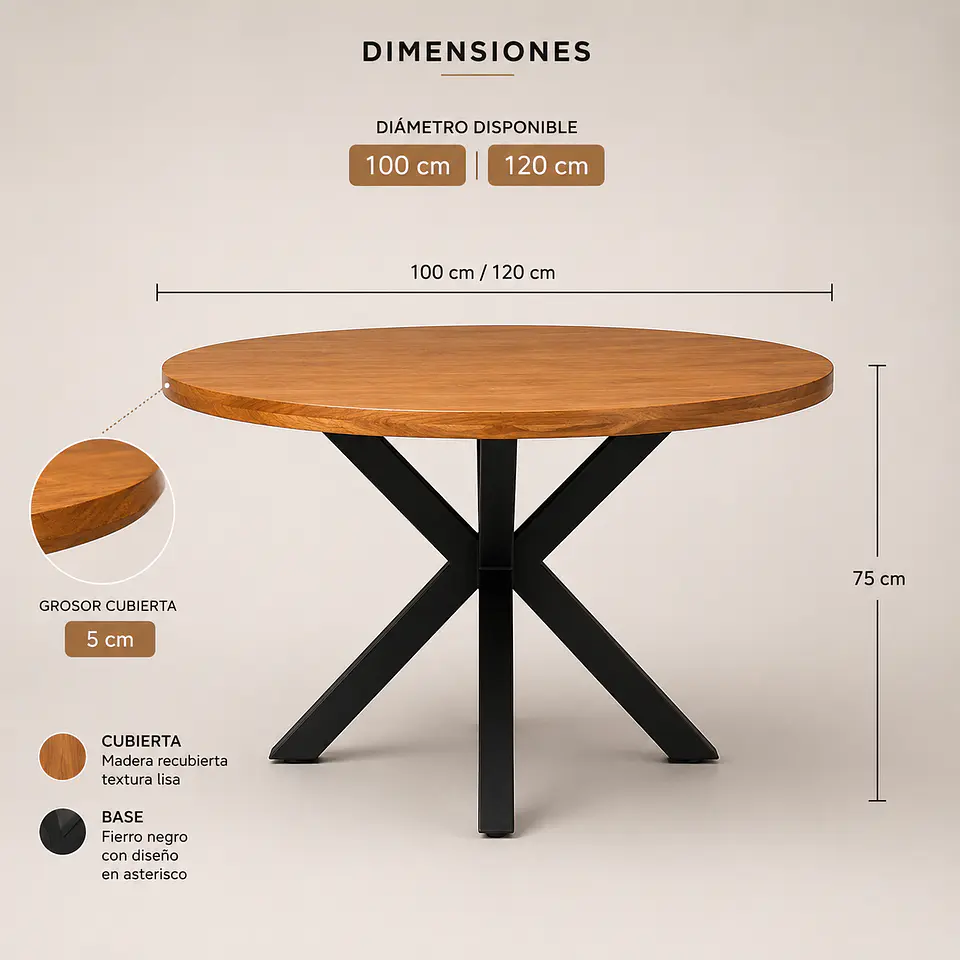 Mesa Redonda Rusti Ohmioh de Madera Base Negro 5