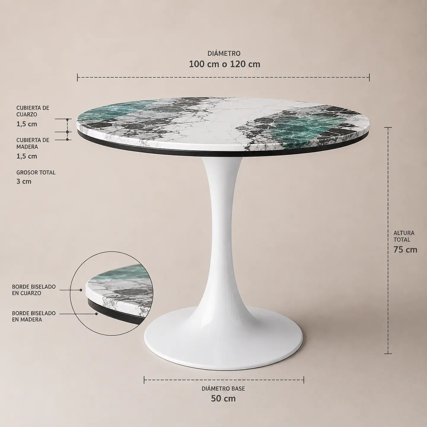 Mesa Tulip Redonda de Cuarzo Calacatta Stone 7