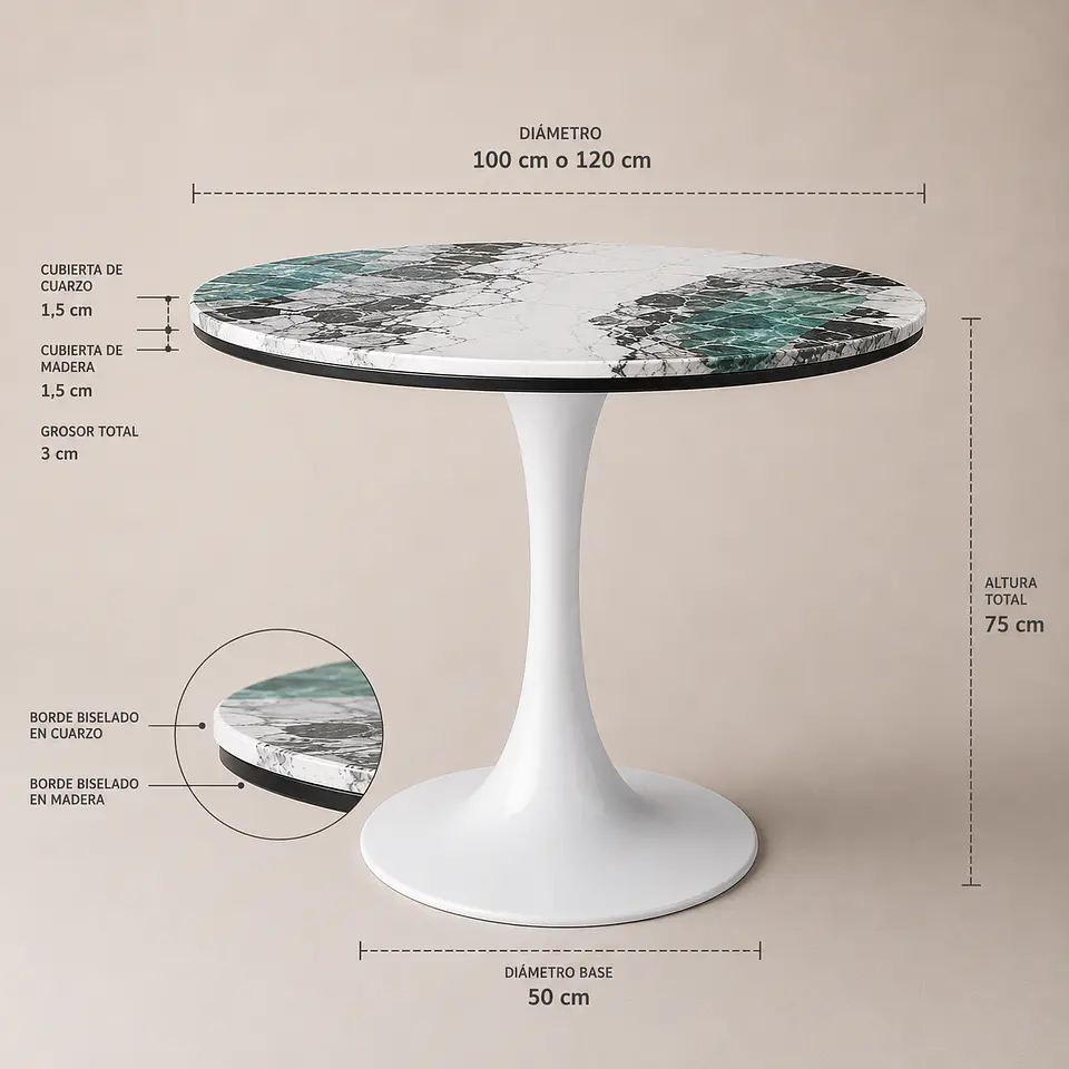 Mesa Tulip Redonda de Cuarzo Calacatta Stone 7