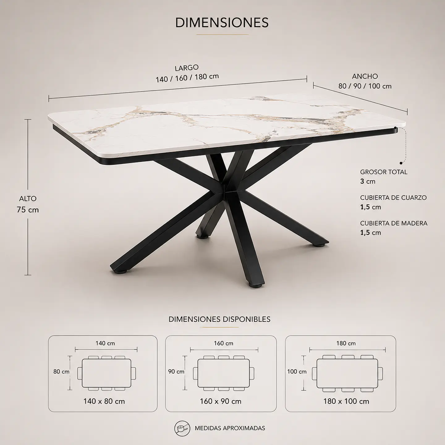 Mesa Ohmioh Rectangular de Cuarzo Calacatta Base Negro 4