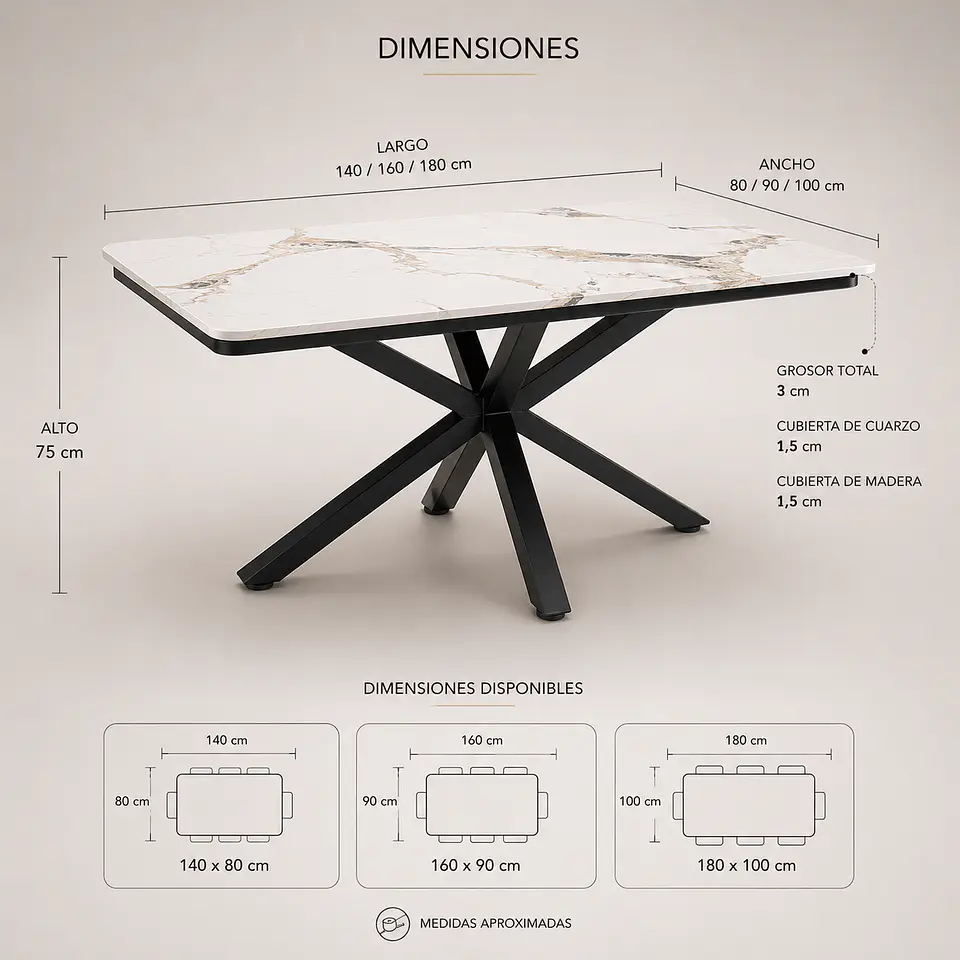 Mesa Ohmioh Rectangular de Cuarzo Calacatta Base Negro 4