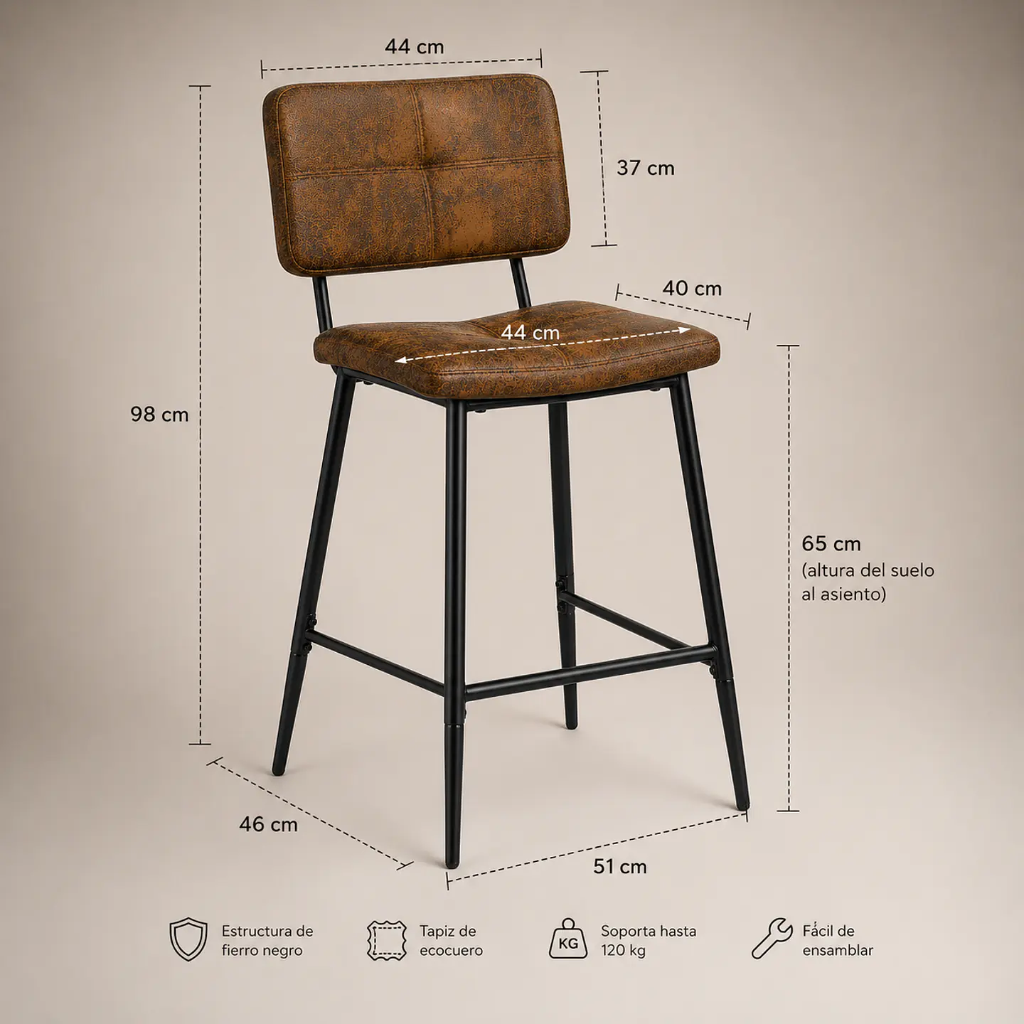 Taburete Vintage Industrial Ecocuero 65cm 10