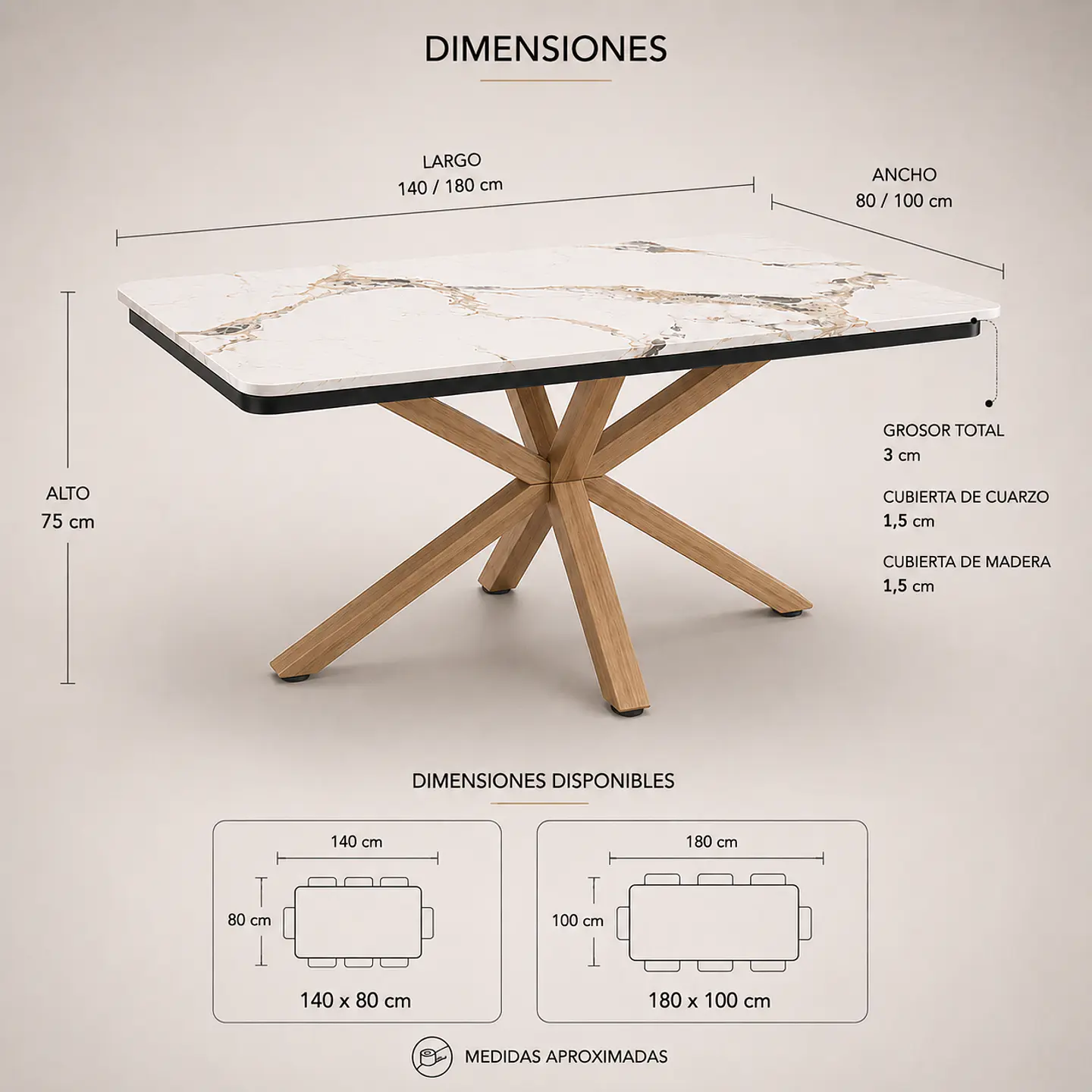 Mesa Ohmioh Rectangular de Cuarzo Calacatta Oak 3