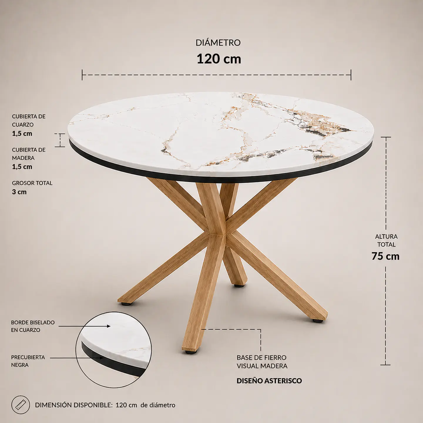 Mesa Ohmioh Redonda de Cuarzo Calacatta Oak 4