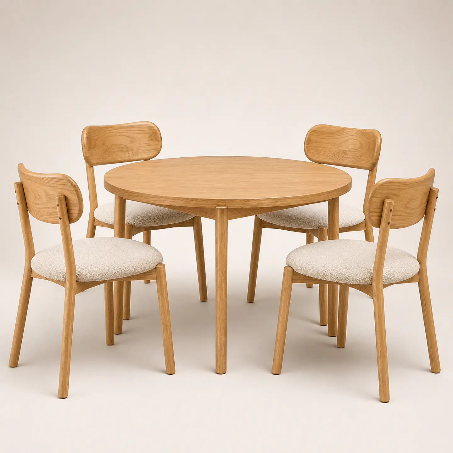 Comedor Mesa Atlas Redonda 100cm + 4 Sillas Atlas de Madera Tapiz de Lino Greige 1