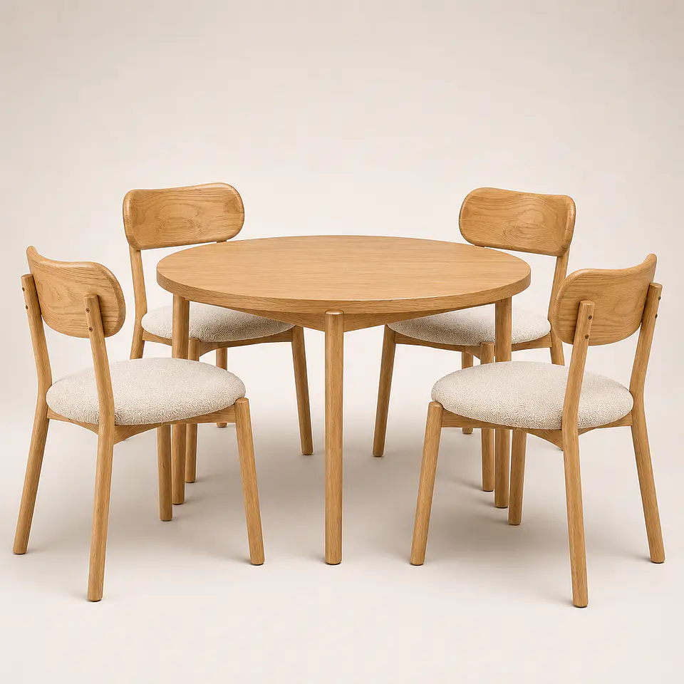 Comedor Mesa Atlas Redonda 100cm + 4 Sillas Atlas de Madera Tapiz de Lino Greige 1