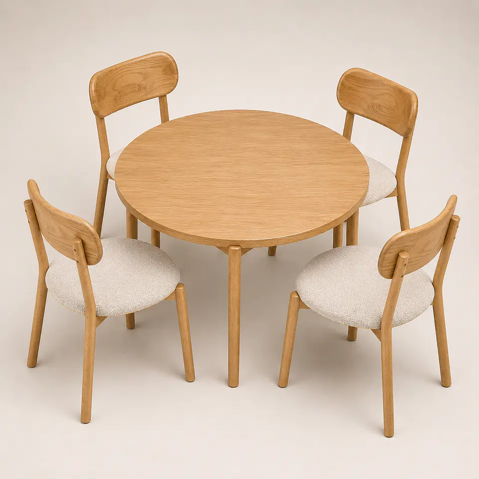 Comedor Mesa Atlas Redonda 100cm + 4 Sillas Atlas de Madera Tapiz de Lino Greige 3