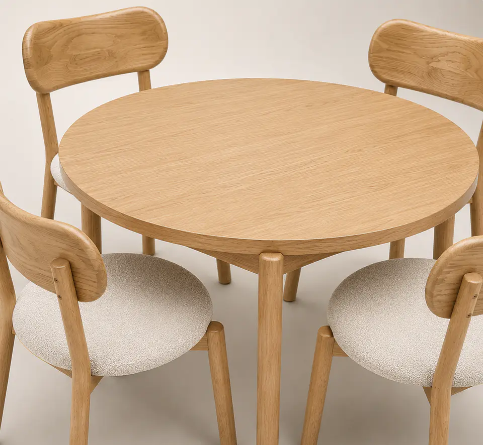 Comedor Mesa Atlas Redonda 100cm + 4 Sillas Atlas de Madera Tapiz de Lino Greige 2