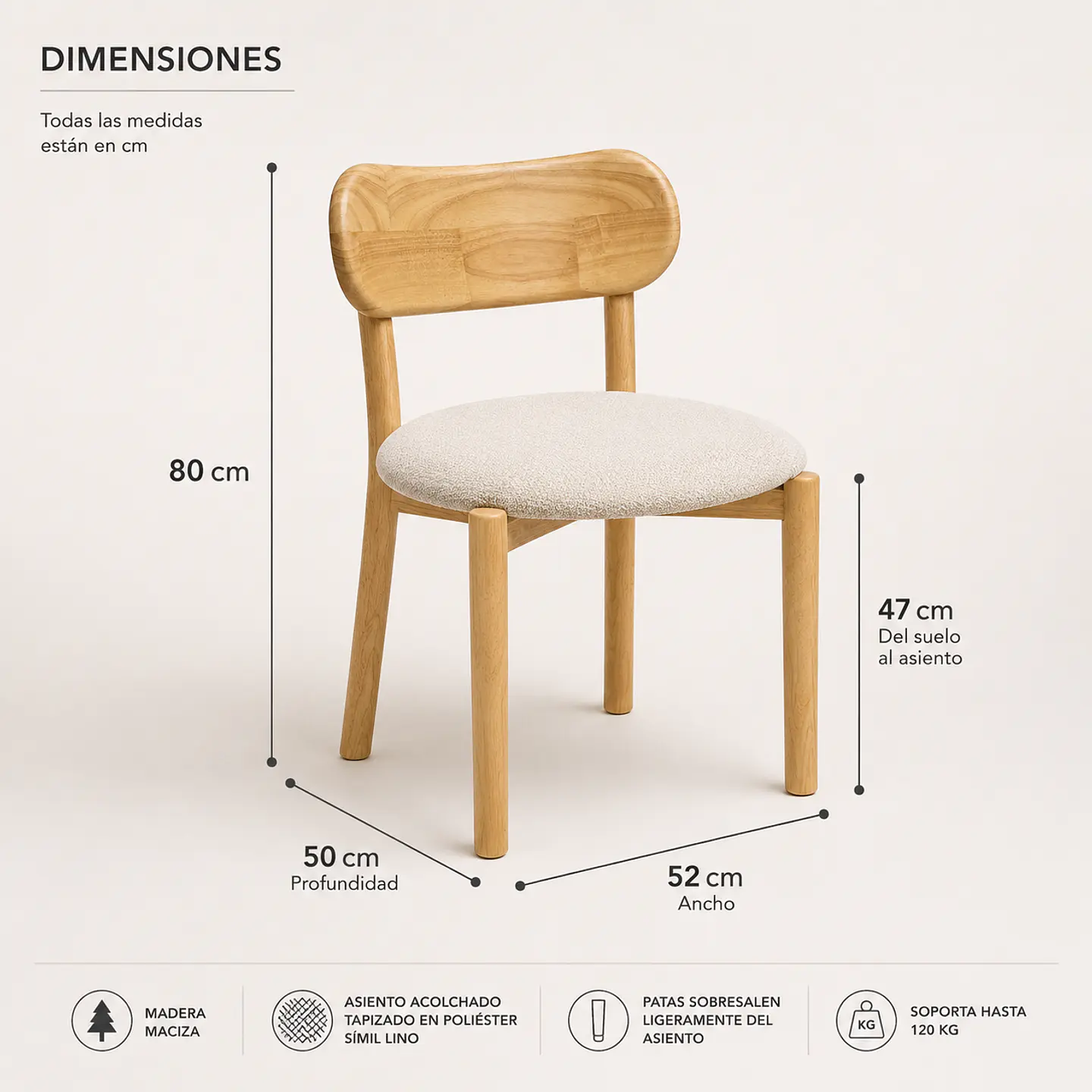Comedor Mesa Atlas Redonda 100cm + 4 Sillas Atlas de Madera Tapiz de Lino Greige 6