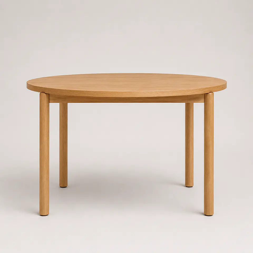 Comedor Mesa Atlas Redonda 100cm + 4 Sillas Atlas de Madera Tapiz de Lino Greige 9