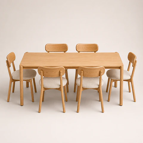 Comedor Mesa Atlas Rectangular 150x90cm + Sillas Atlas de Madera Tapiz de Lino Greige