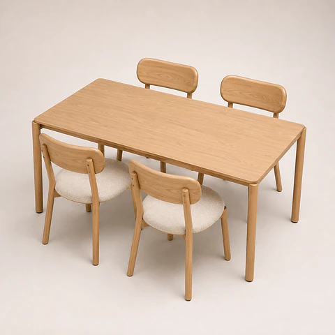 Comedor Mesa Atlas Rectangular 150x90cm + Sillas Atlas de Madera Tapiz de Lino Greige