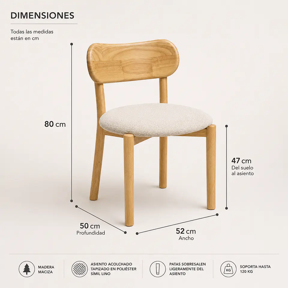 Comedor Mesa Atlas Rectangular 150x90cm + Sillas Atlas de Madera Tapiz de Lino Greige 12
