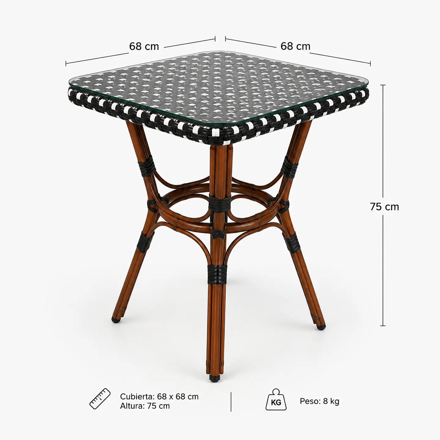 Mesa Cuadrada Bistro Cubierta Ratan + Vidrio Templado 68x68x75cm  5