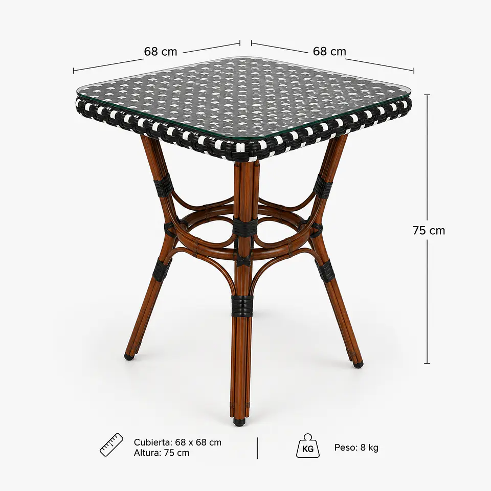 Mesa Cuadrada Bistro Cubierta Ratan + Vidrio Templado 68x68x75cm  5