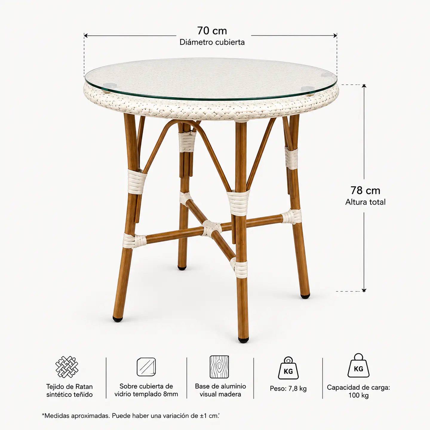Mesa Redonda Bistro Cubierta Ratan Blanco + Vidrio 70cm Diámetro 3