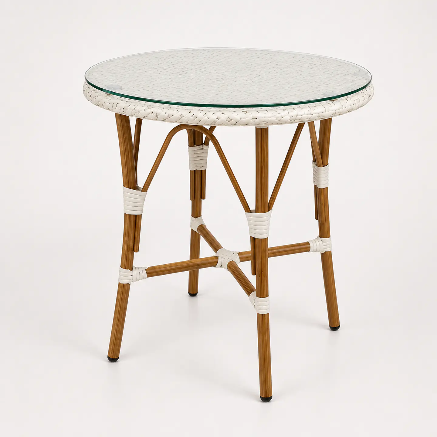 Mesa Redonda Bistro Cubierta Ratan Blanco + Vidrio 70cm Diámetro 4