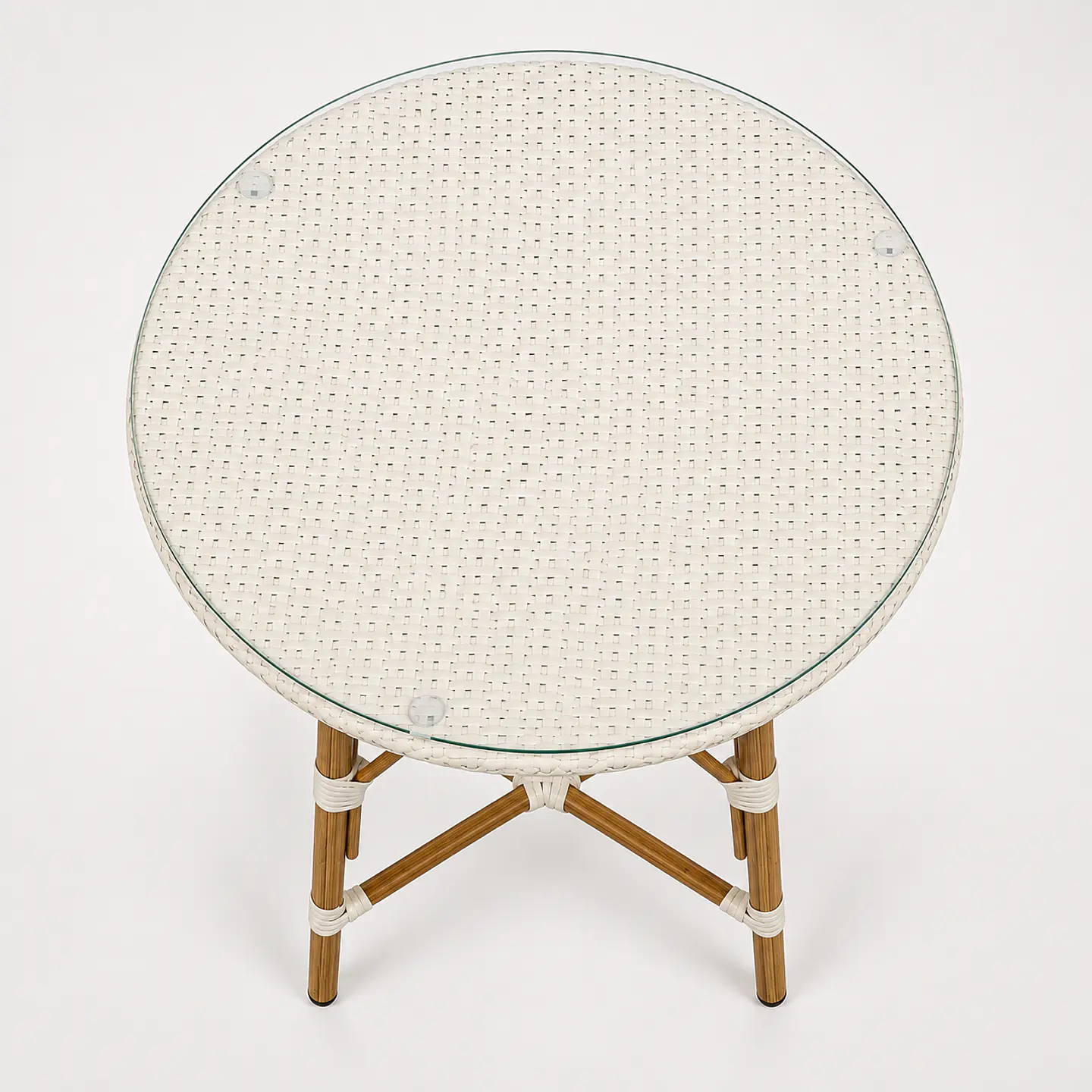 Mesa Redonda Bistro Cubierta Ratan Blanco + Vidrio 70cm Diámetro 5