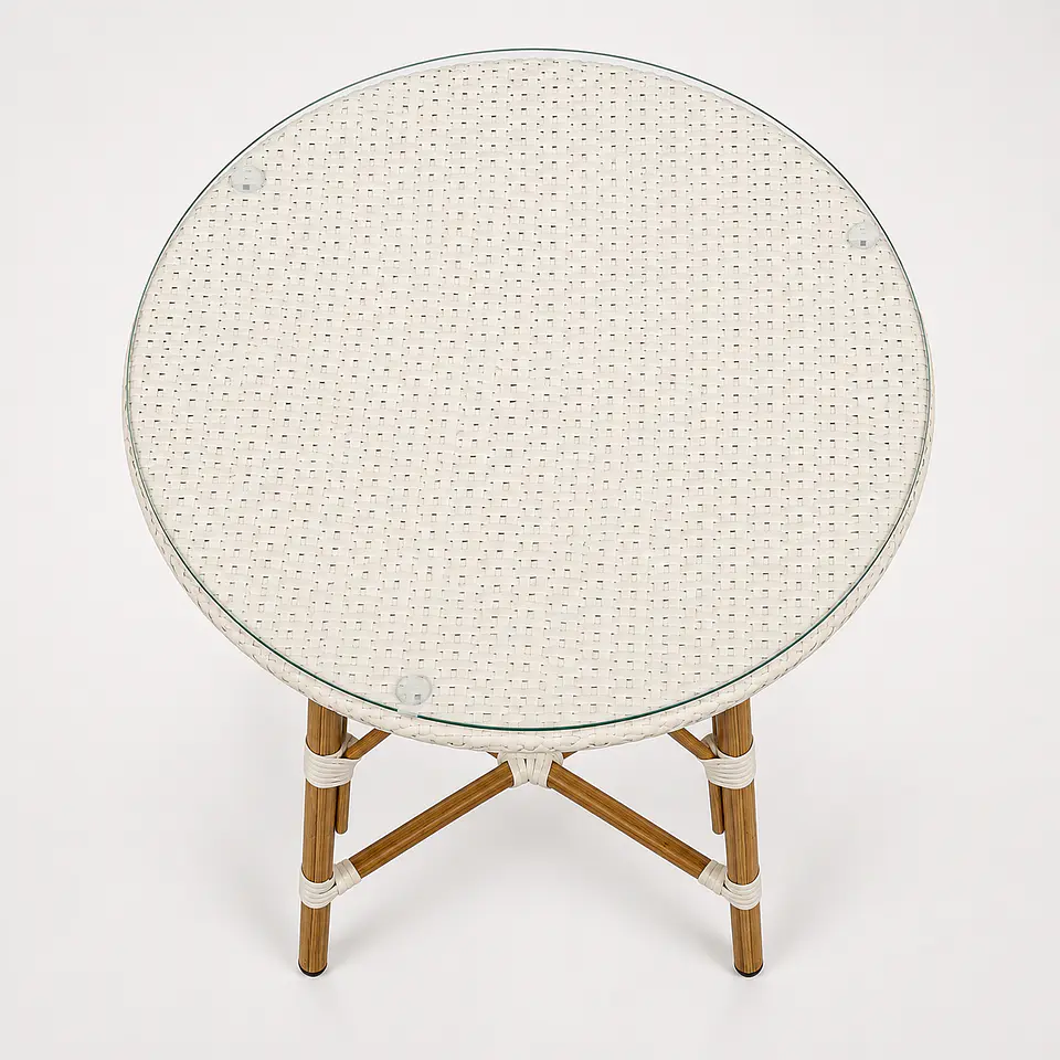 Mesa Redonda Bistro Cubierta Ratan Blanco + Vidrio 70cm Diámetro 5