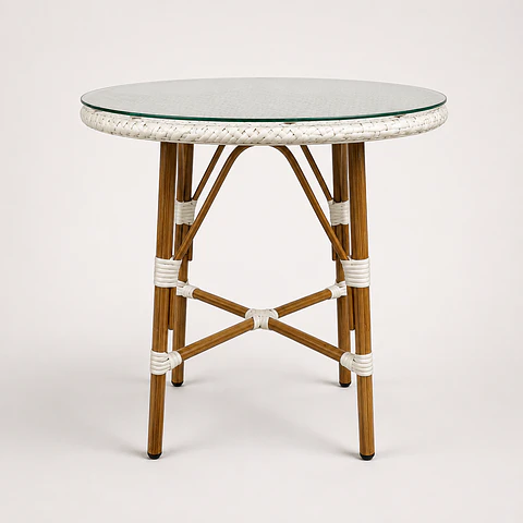 Mesa Redonda Bistro Cubierta Ratan Blanco + Vidrio 70cm Diámetro