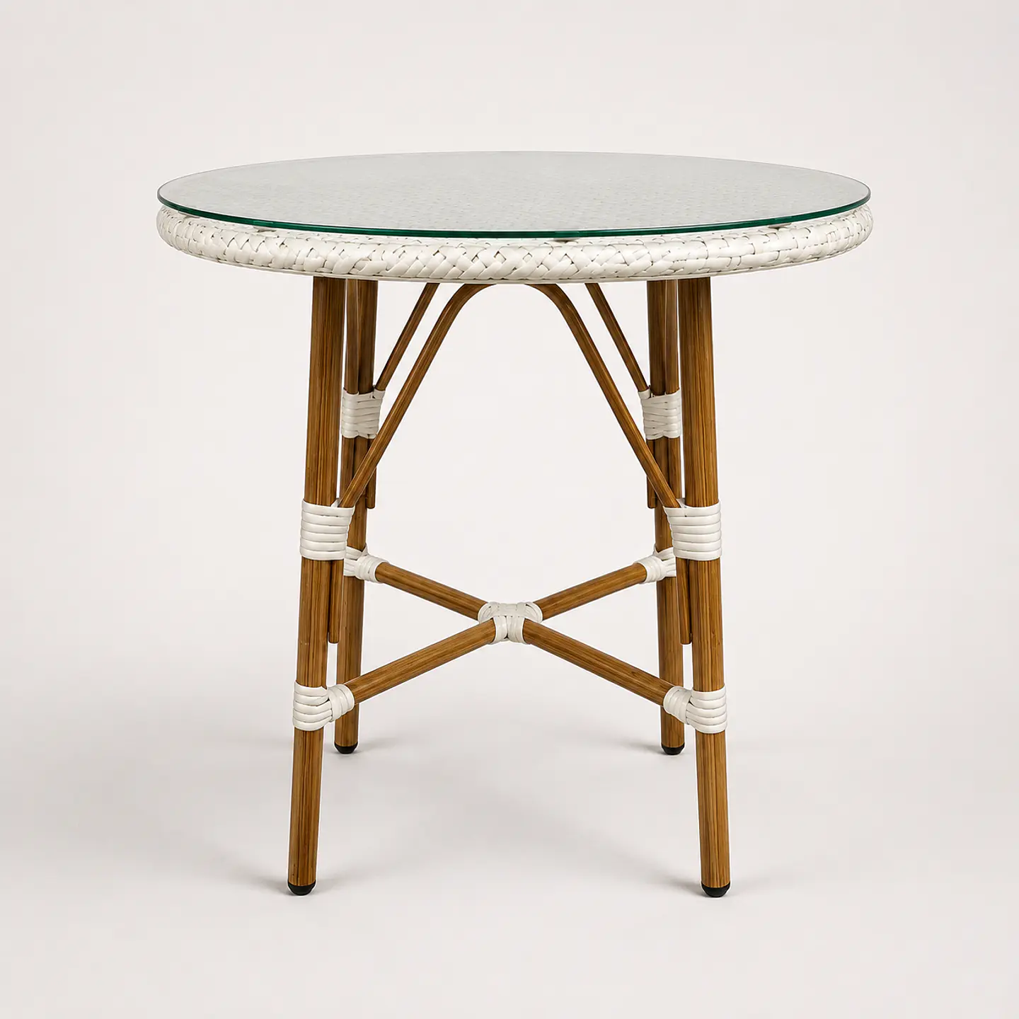 Mesa Redonda Bistro Cubierta Ratan Blanco + Vidrio 70cm Diámetro 1