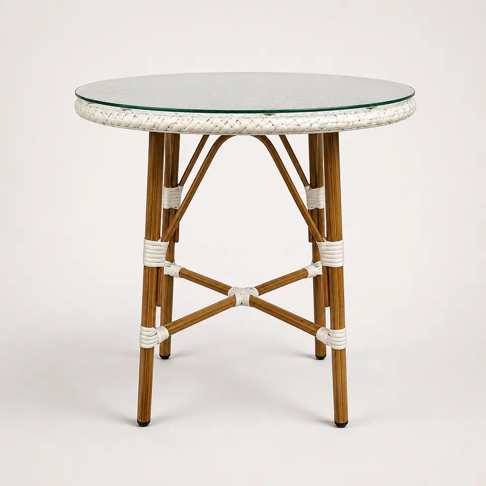 Mesa Redonda Bistro Cubierta Ratan Blanco + Vidrio 70cm Diámetro 1