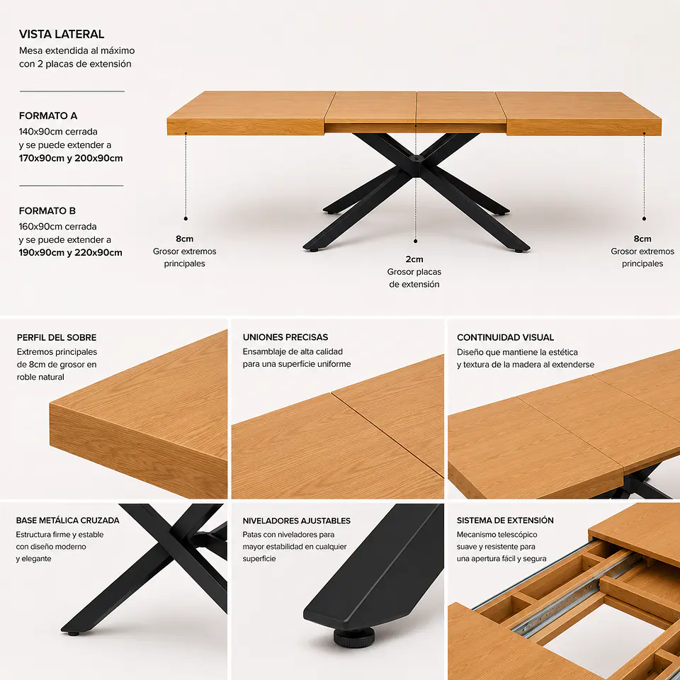 Mesa Nagam Extensible Rectangular 3 en 1 Base Negro 9