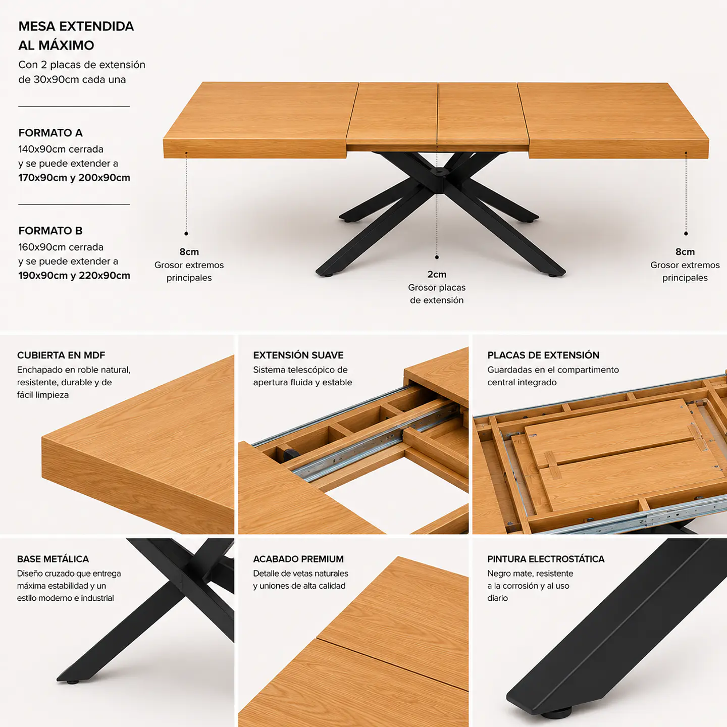 Mesa Nagam Extensible Rectangular 3 en 1 Base Negro 11