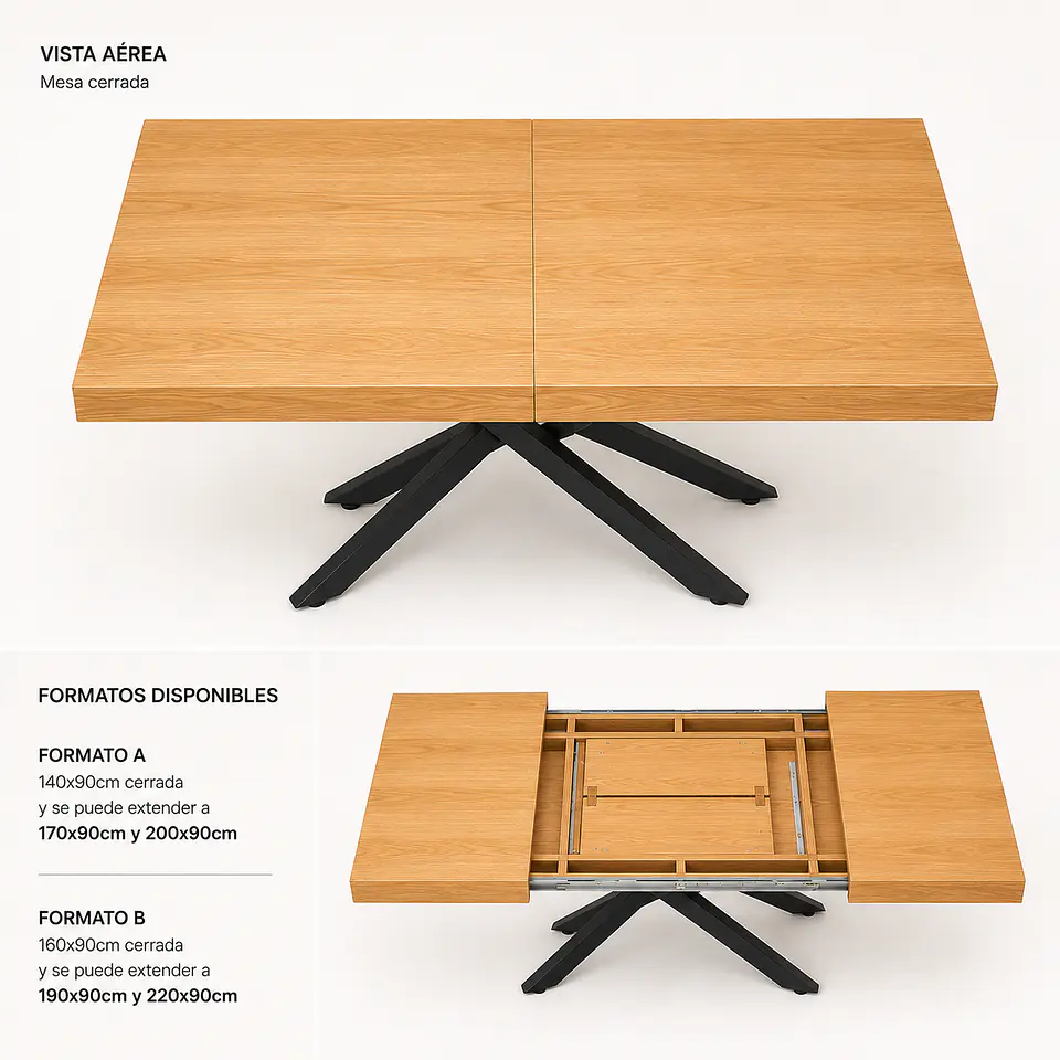 Mesa Nagam Extensible Rectangular 3 en 1 Base Negro 8